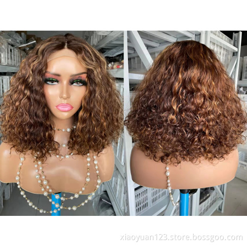 2022 Hot Sale Wholesale Highlight Natural Virgin Human Hair Wigs HD Lace Front Brazilian Short Bob Wigs Water Weave Hair Wig